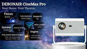 DEBONAIR CineMax Pro 4K Ultra HD Native 1080p Android 12 Projector | 1300 ANSI Lumens Auto (Focus+Screen Fit+Obstacle Avoidance) Dust Proof Engine 10W Speaker Dual WiFi BT5.0| 300" Display | Cinema Exp 2 Years Warranty