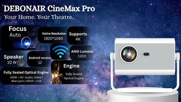 DEBONAIR CineMax Pro 4K Ultra HD Native 1080p Android 12 Projector | 1300 ANSI Lumens Auto (Focus+Screen Fit+Obstacle Avoidance) Dust Proof Engine 10W Speaker Dual WiFi BT5.0| 300" Display | Cinema Exp 2 Years Warranty